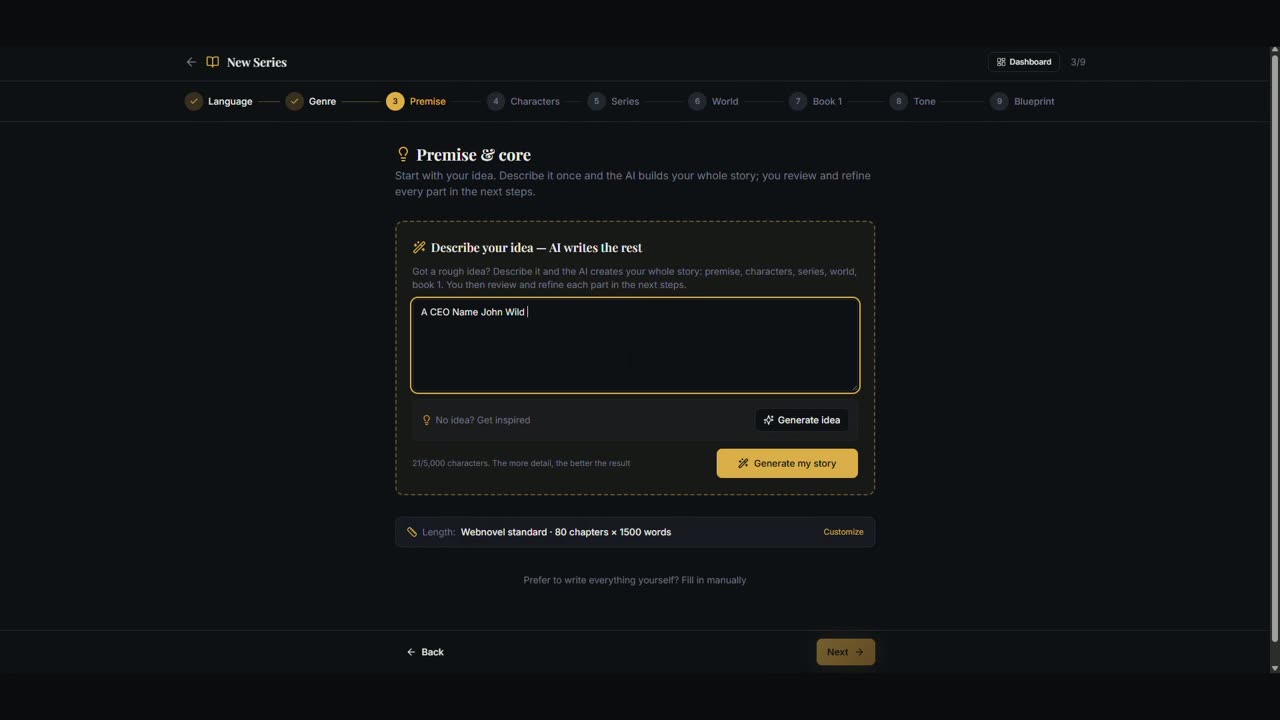 NovelWriterAI in action: describe one idea and the AI writes your whole webnovel